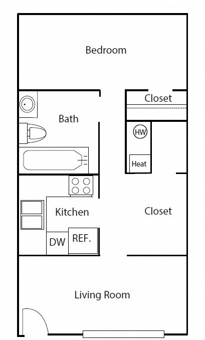 Floor plan for 1 bed, 1 bath, 690 sqft